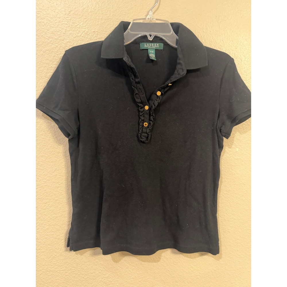 Lauren Ralph Lauren Petite Black Cotton Ruffle Polo Shirt Gold Buttons PM - Picture 1 of 4